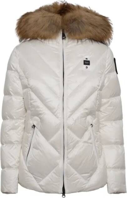 Blauer Geometrisch Gewatteerde Nylon Jas met Afneembare Bontkraag White Dames