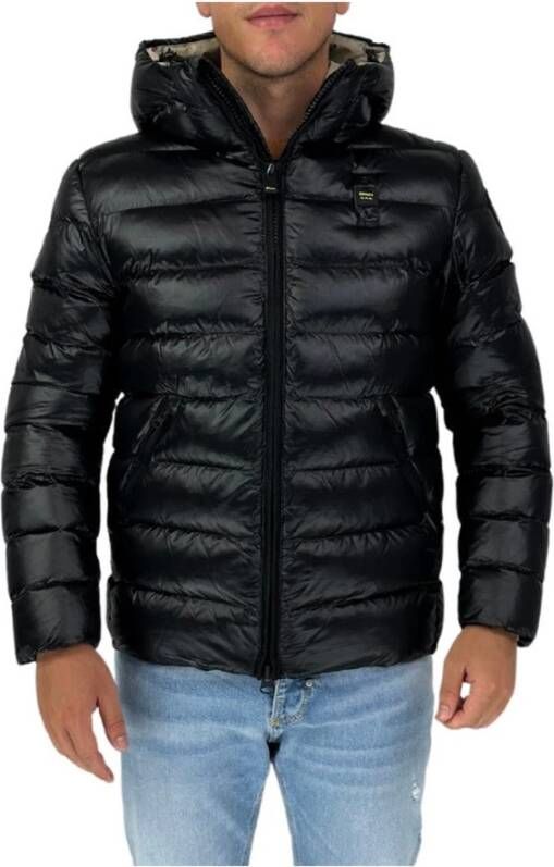 Blauer Zwarte Geruite Nylon Jas met Vaste Capuchon Zwart Heren