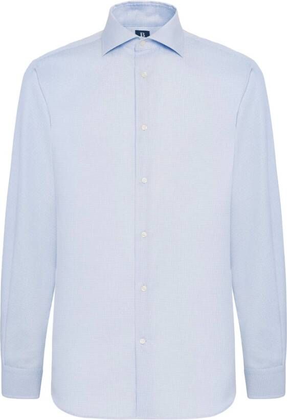 Boggi Milano Ultimate NON Iron Houndstooth Oxford Katoenen Overhemd Regular Fit Blue Heren