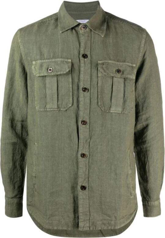 Boglioli Groen Slim Fit Overhemd met Vierkante Manchetten en Borstzak Groen Heren