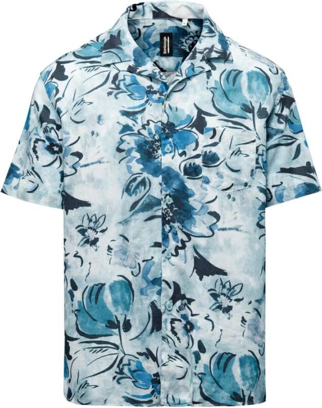BomBoogie Bedrukt Linnen Katoenen Korte Mouwen Shirt Blauw Heren