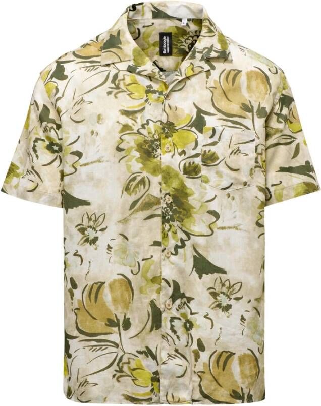 BomBoogie Bedrukt Linnen Katoenen Korte Mouwen Shirt Groen Heren