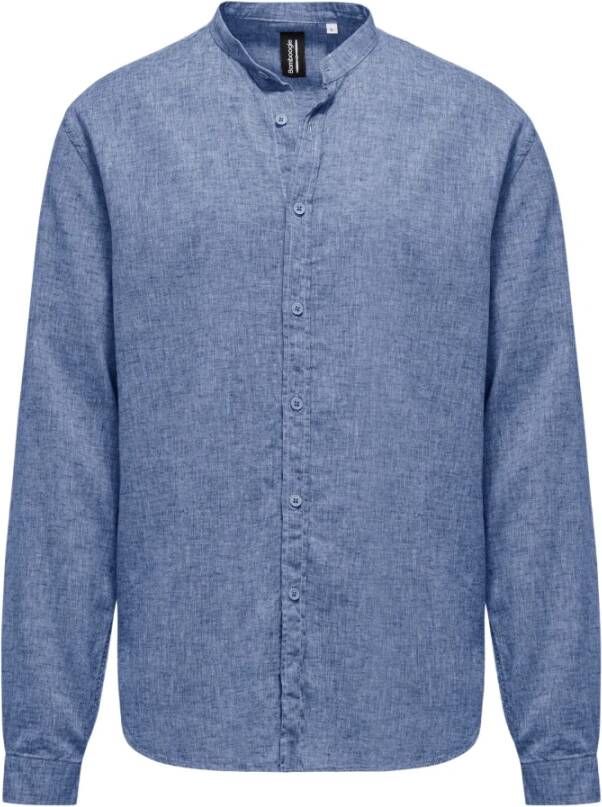 BomBoogie Linnen Katoenen Mandarin Kraag Shirt Blauw Heren