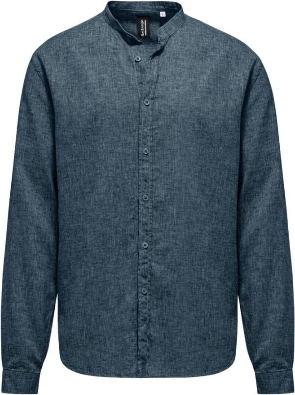 BomBoogie Linnen Katoenen Mandarin Kraag Shirt Blauw Heren
