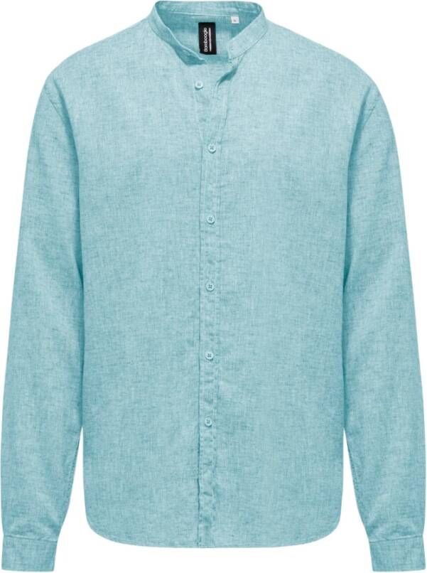 BomBoogie Linnen Katoenen Mandarin Kraag Shirt Blauw Heren