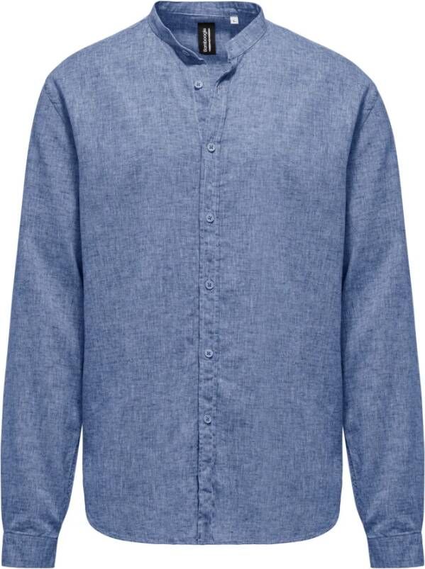 BomBoogie Linnen Katoenen Mandarin Kraag Shirt Blauw Heren