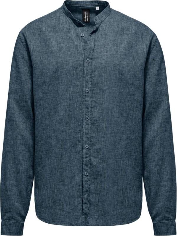 BomBoogie Mandarin Collar Linen Cotton Shirt Blauw Heren