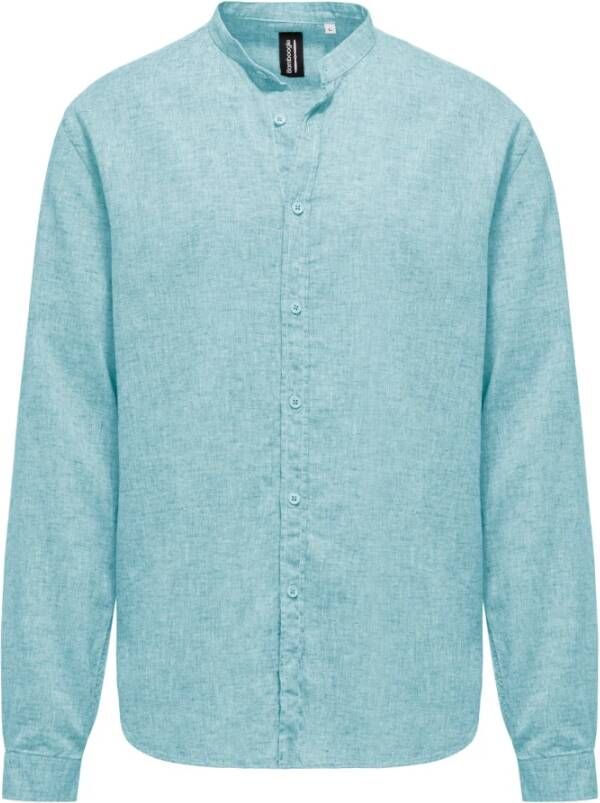 BomBoogie Linnen Katoenen Mandarin Kraag Shirt Blauw Heren