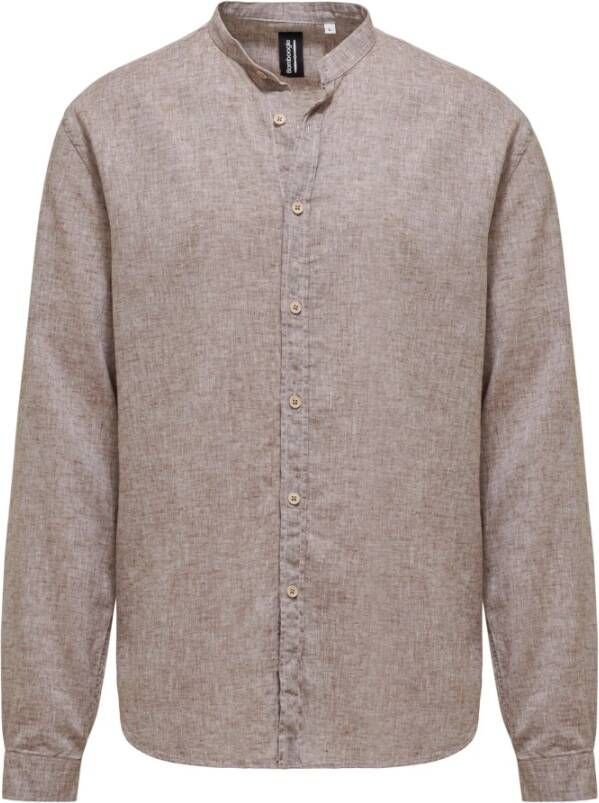 BomBoogie Linnen Katoenen Mandarin Kraag Shirt Brown Heren