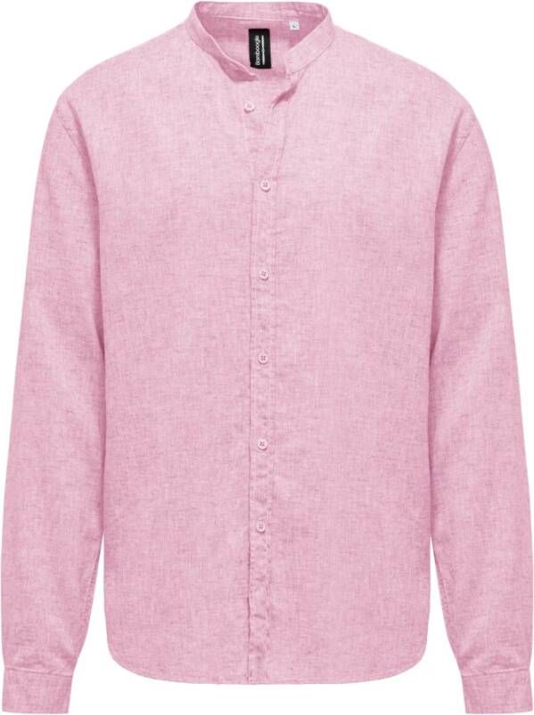 BomBoogie Linnen Katoenen Mandarin Kraag Shirt Roze Heren