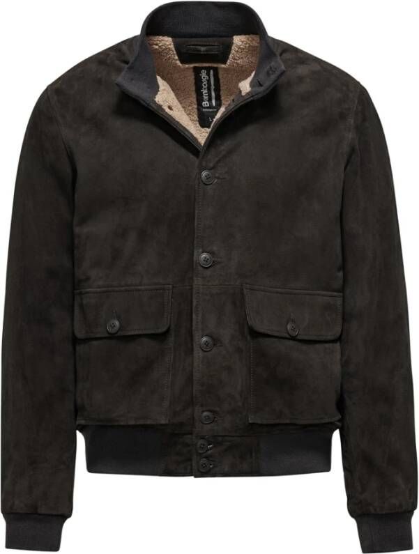 BomBoogie Bruine Leren Bomberjack met Sherpa Fleece Voering Brown Heren