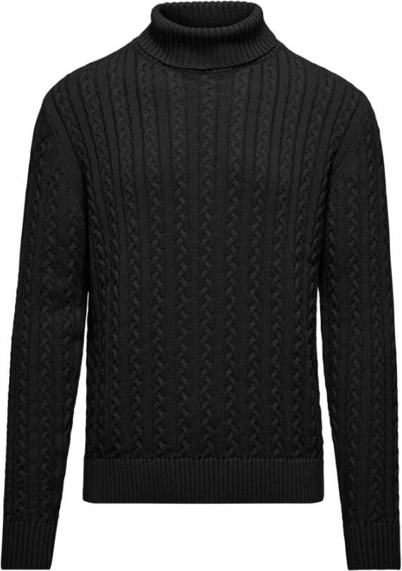 BomBoogie Warme Katoenen Cable Knit Mock Neck Coltrui Black Heren