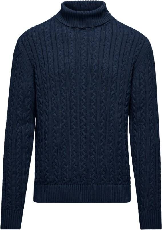 BomBoogie Warme Katoenen Kabelgebreide Mock Neck Coltrui Blue Heren