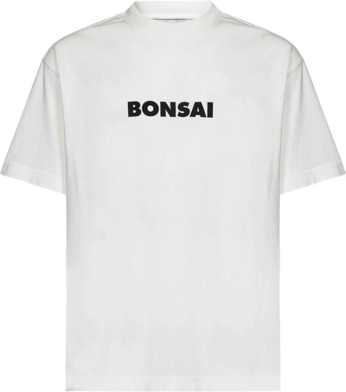Bonsai Witte Geribbelde Crewneck T-shirt met Zwarte Logo Print White Heren