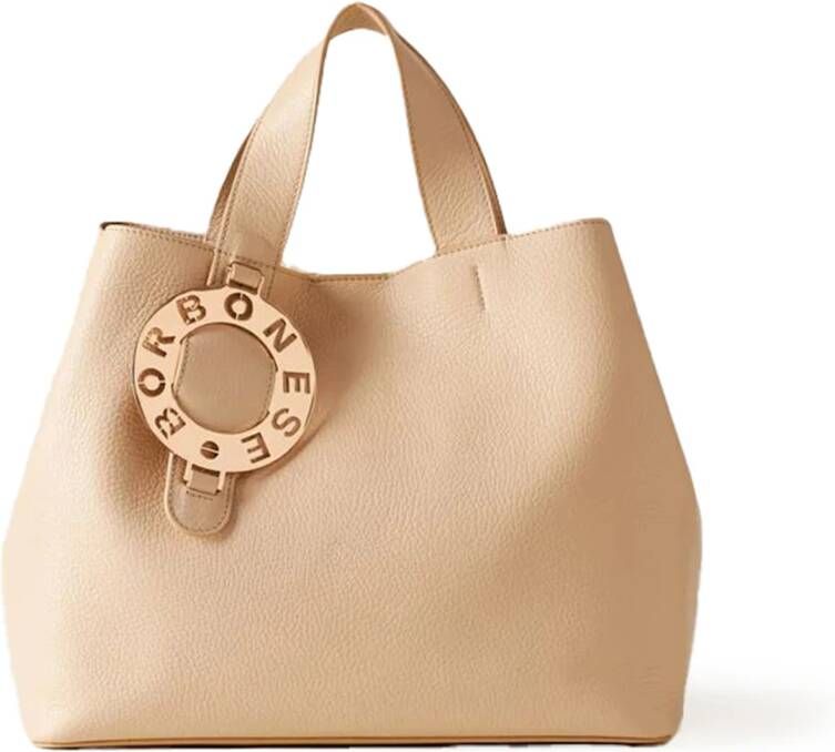 Borbonese Beige Leren Tas met Iconische Metalen Schijf Beige Dames