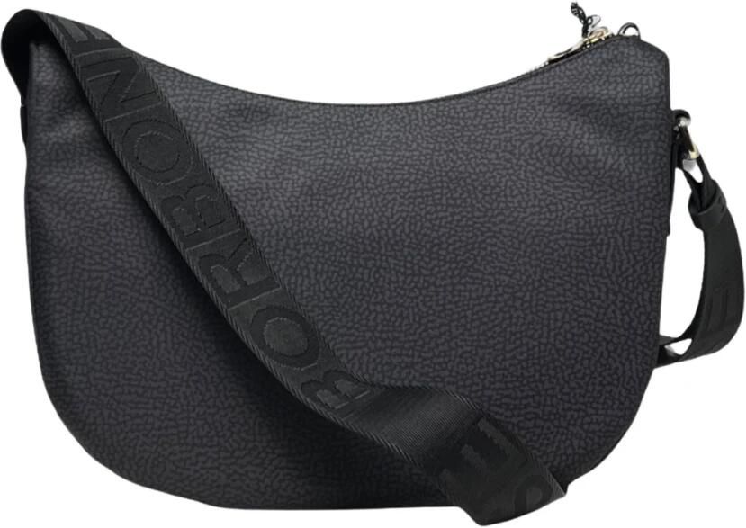Borbonese Mezzaluna Schoudertas Nylon Leer Zwart Black Dames - Foto 10