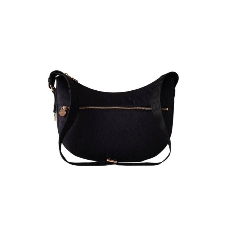Borbonese Mezzaluna Schoudertas Nylon Leer Zwart Black Dames
