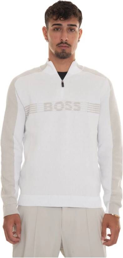 Boss Bicolored Half Zip Pullover met Front Print White Heren
