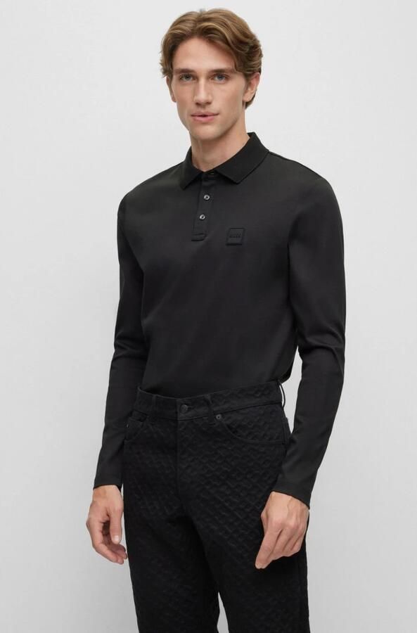 Hugo Boss Lange Mouw Katoenen Polo met Logo Patch Black Heren - Foto 7