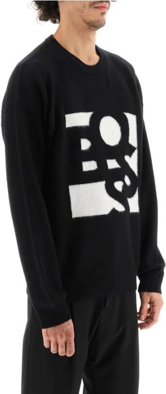 Boss Virgin wool and cashmere sweater with shaken logo Zwart Heren