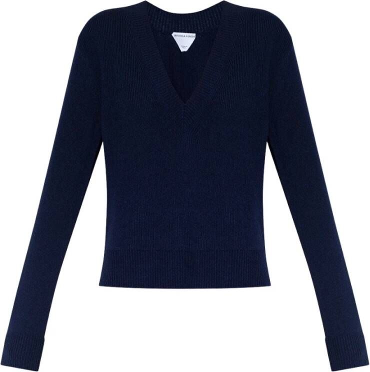 Bottega Veneta Navy Cashmere V-Neck Ribbed Sweater Blue Dames