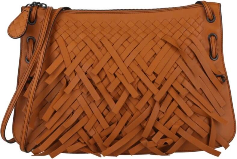 Bottega Veneta Intrecciato Fringe Leather Crossbody Bag Oranje Dames