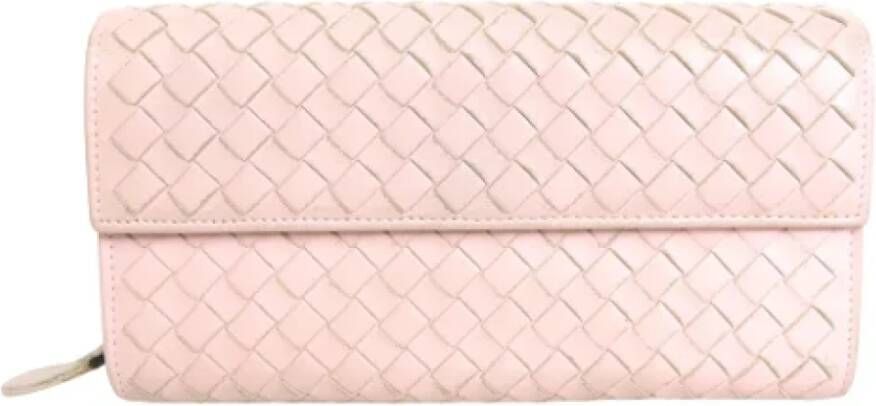 Bottega Veneta Vintage Tweedehands Roze Leren Intrecciato Portemonnee Roze Dames