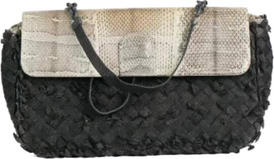 Bottega Veneta Vintage Zwarte Geweven Stoffen Handtas met Slangenprint Klep Zwart Dames