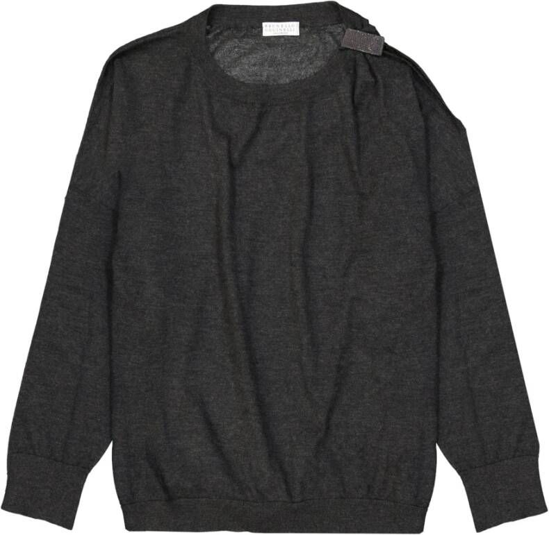 BRUNELLO CUCINELLI Cashmere Silk Sweater Open Schouder Kristal Detail Gray Heren