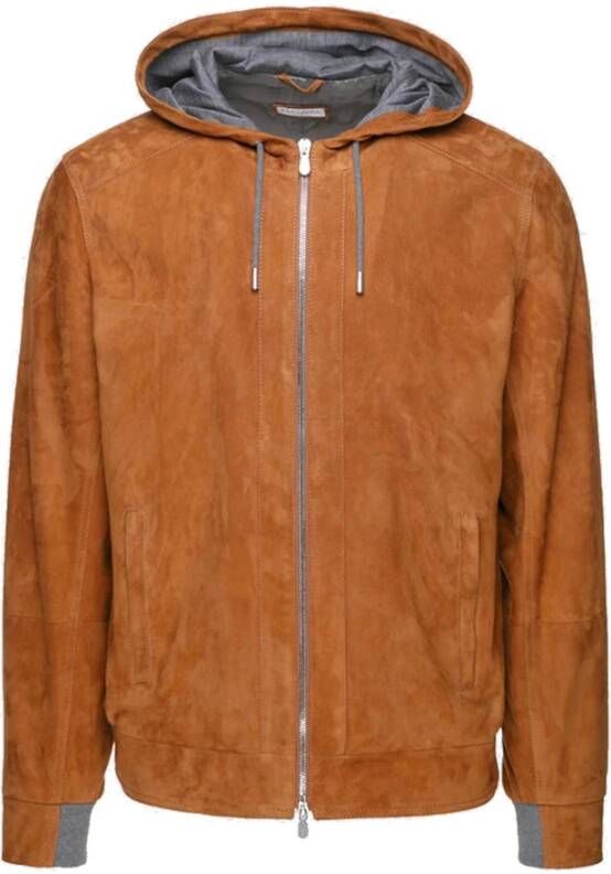 BRUNELLO CUCINELLI Leren Bomberjack met capuchon Bruin Heren