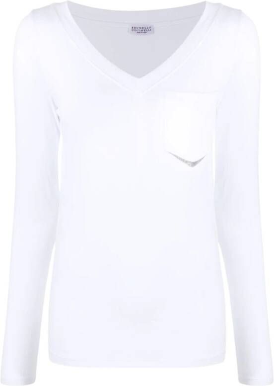 BRUNELLO CUCINELLI Witte Stretch Katoenen T-shirt met Lange Mouwen en Kettingdetail White Dames