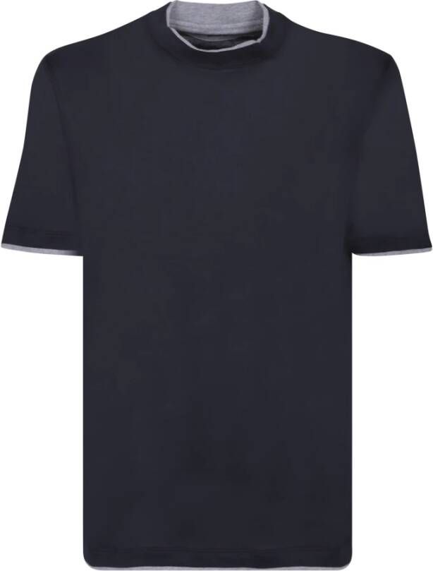 BRUNELLO CUCINELLI Luxe T-shirt van Zijdeblend met Chroom Inzetstukken Blauw Heren