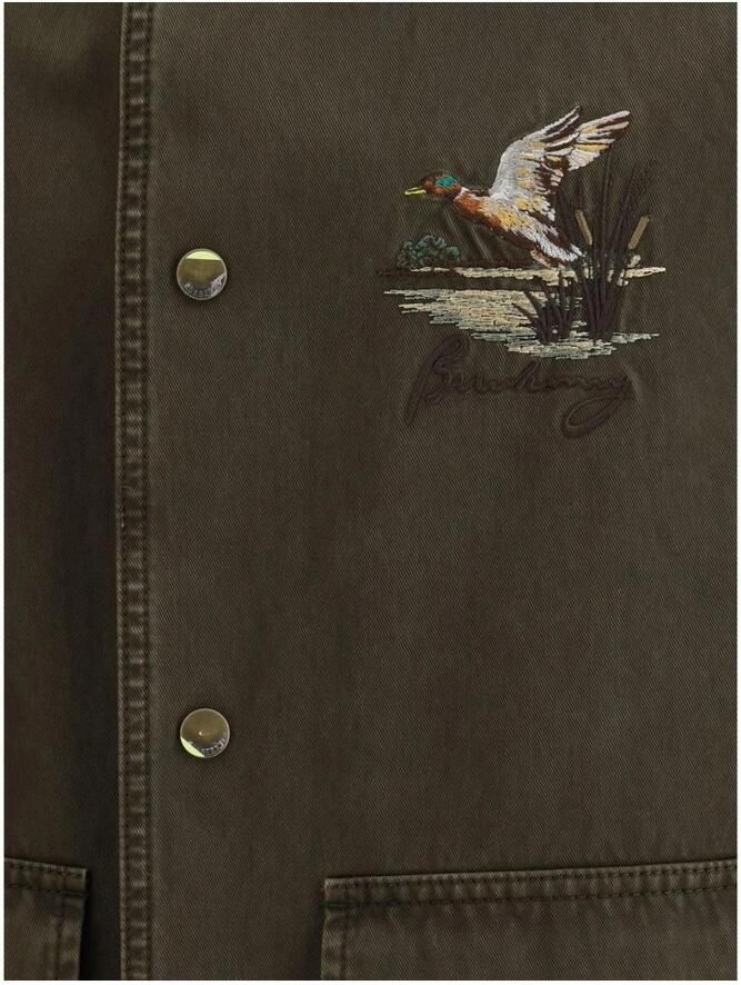 Burberry Fluwelen Kraag Katoenen Jas met Borduurwerk Green Heren