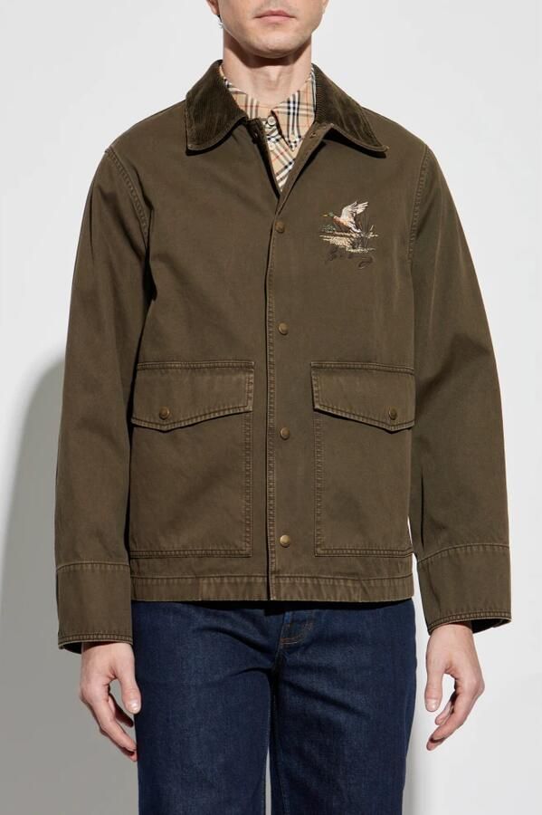 Burberry Fluwelen Kraag Katoenen Jas met Borduurwerk Green Heren - Foto 4