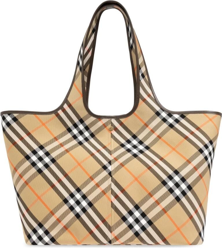 Burberry Schoudertas Katoenen draagtas met iconisch ruitpatroon en leren bekleding - Foto 15