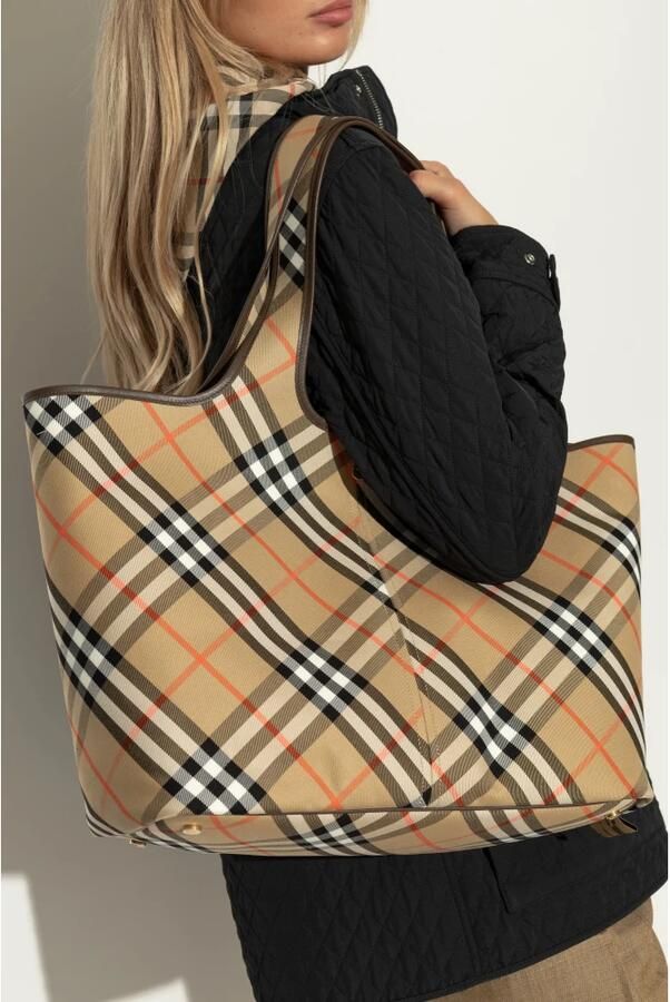 Burberry Schoudertas Katoenen draagtas met iconisch ruitpatroon en leren bekleding - Foto 12