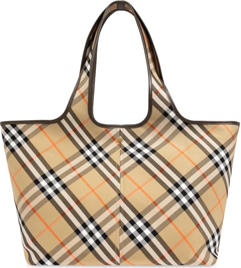 Burberry Schoudertas Katoenen draagtas met iconisch ruitpatroon en leren bekleding - Foto 3