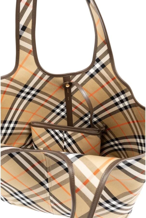 Burberry Schoudertas Katoenen draagtas met iconisch ruitpatroon en leren bekleding - Foto 11