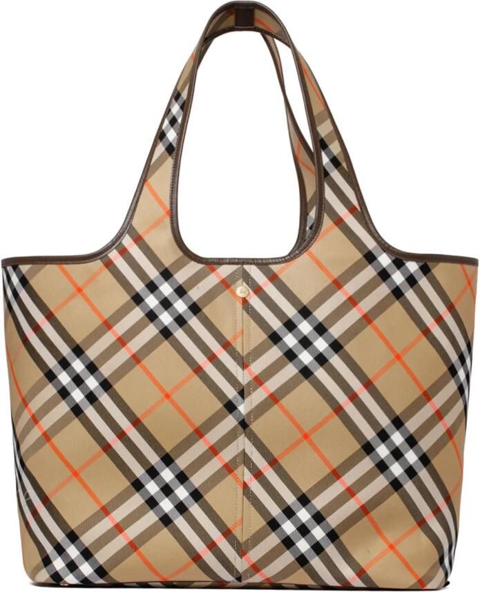 Burberry Schoudertas Katoenen draagtas met iconisch ruitpatroon en leren bekleding - Foto 4