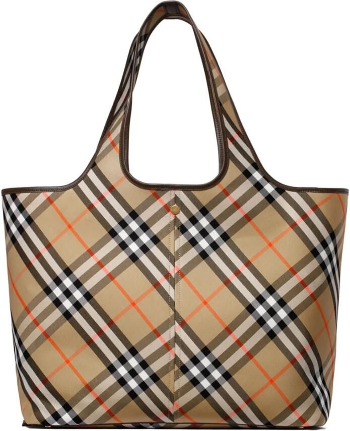 Burberry Schoudertas Katoenen draagtas met iconisch ruitpatroon en leren bekleding - Foto 3