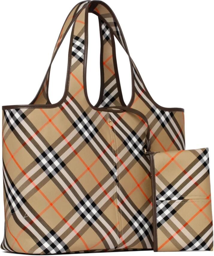 Burberry Schoudertas Katoenen draagtas met iconisch ruitpatroon en leren bekleding - Foto 2