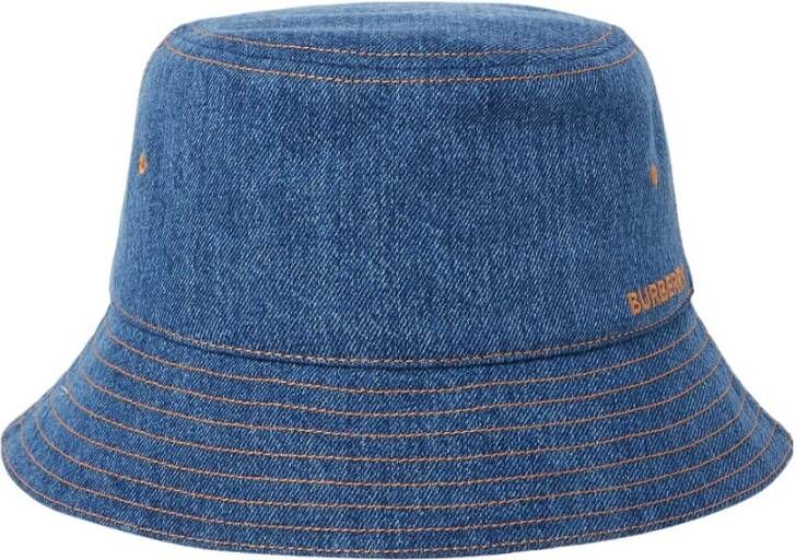 Burberry Katoenen Denim Bucket Hat met Logo Borduursel Blauw Dames