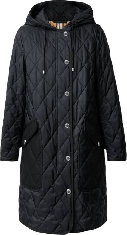 Burberry Zwarte Diamond-Quilted Halflange Jas Zwart Dames
