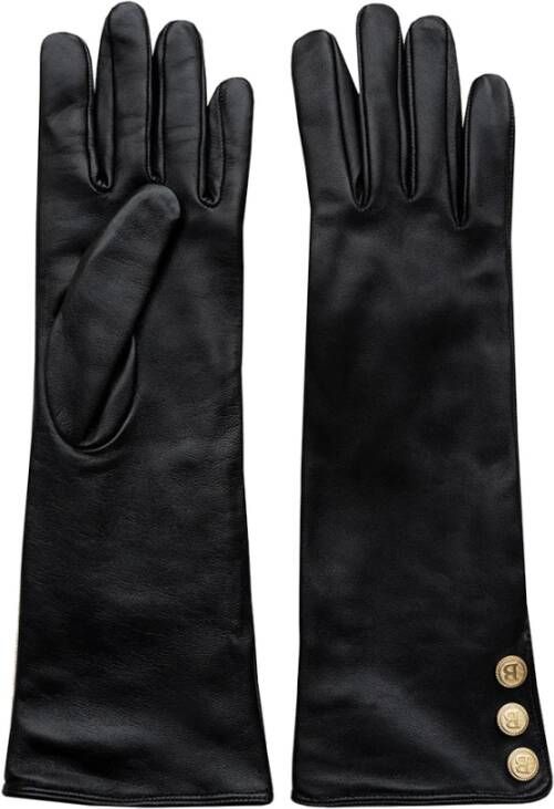 Busnel Lange Leren Handschoenen Gouden B-Knoop Detail Zwart Dames