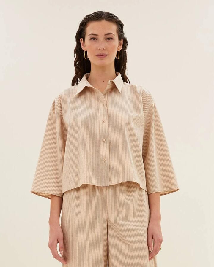 By-Bar Lurex Streep Korte Mouw Blouse Beige Dames - Foto 2