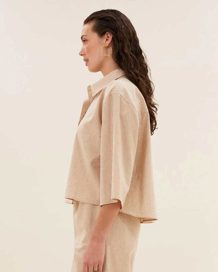By-Bar Lurex Streep Korte Mouw Blouse Beige Dames - Foto 3