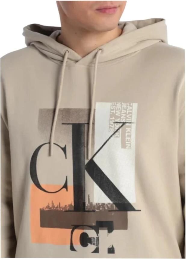 Calvin Klein Jeans Beige Katoenen Sweatshirt met Capuchon en Logo Print Beige Heren