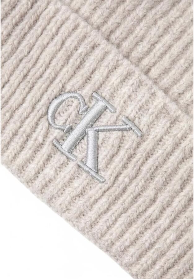 Calvin Klein Dikke Borduurwerk Geribbelde Gebreide Muts White Dames