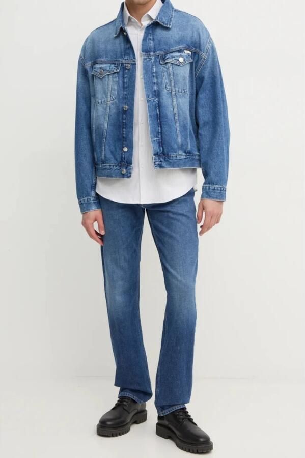Calvin Klein Jeans Denim Logo Knopen Leren Patch Blue Heren - Foto 3