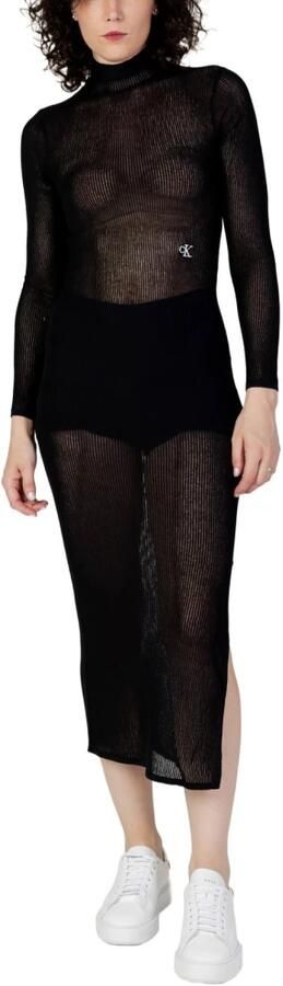 Calvin Klein Jeans Zwarte Transparante Jurk met Hoge Hals en Zijdelingse Split Black Dames - Foto 2